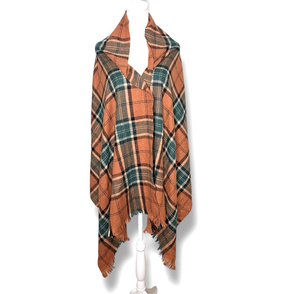 Aks Pldace Oversized Cozy Soft Plaid Blanket Scarf Orange & Green